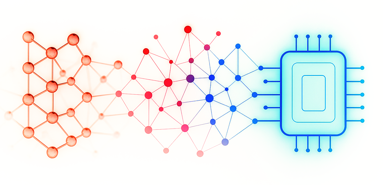 Atomic lattice transforming into graph network and microchip - MaterialsCodeGraph visualization